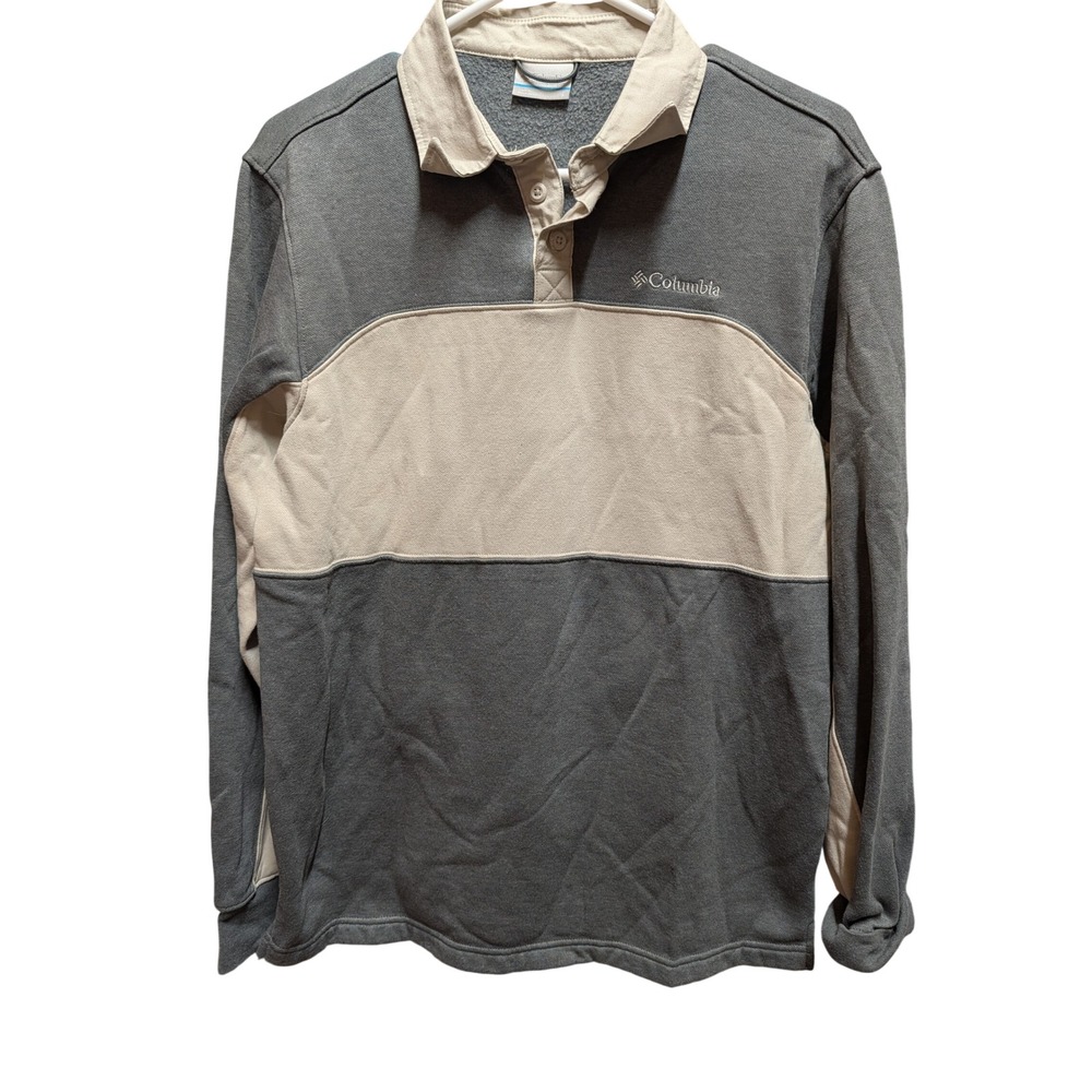 Columbia Long Sleeve Polo Women Small Grey Cream Excellent Fleece Colorblock